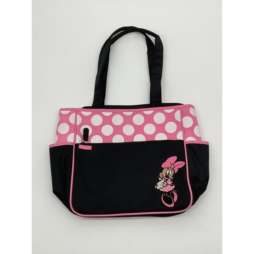 Disney Minnie Mouse Pink & Black Polka Dot Tote Bag Zipper Closure Side Pockets